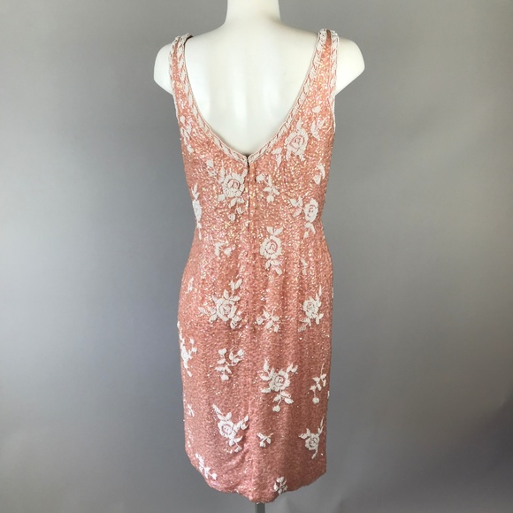 Vtg 50s Pink Sequin Beaded Wiggle Dress Rose L - Picture 6 of 7